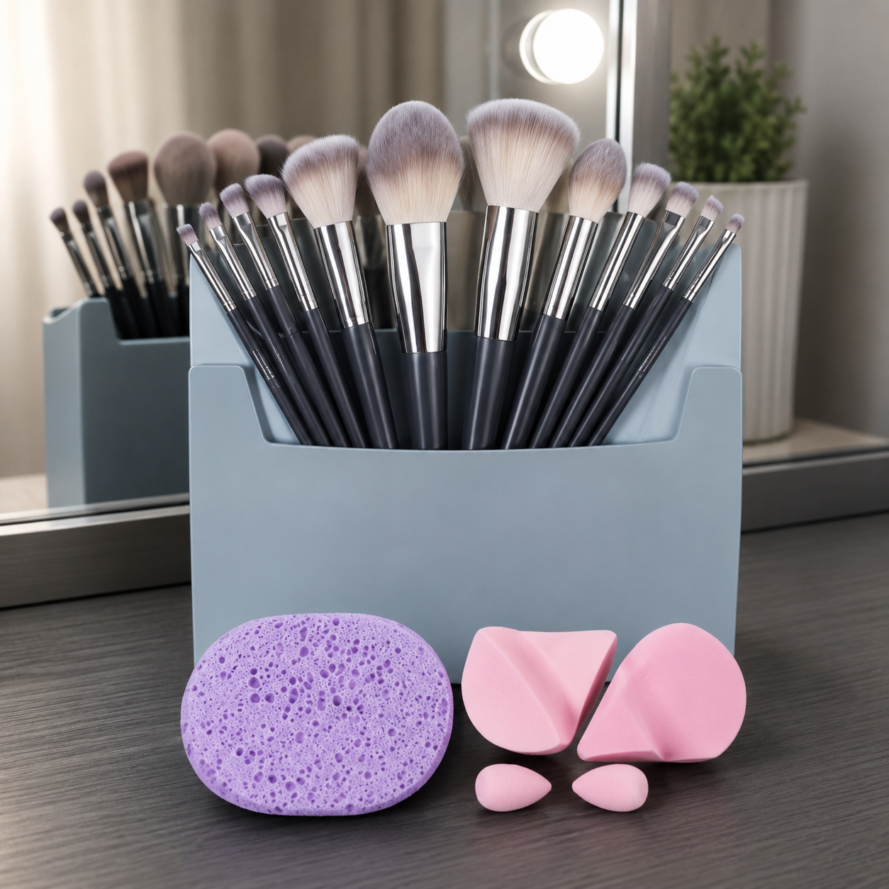 Makeup Brush Set with Light Blue Storage Bag