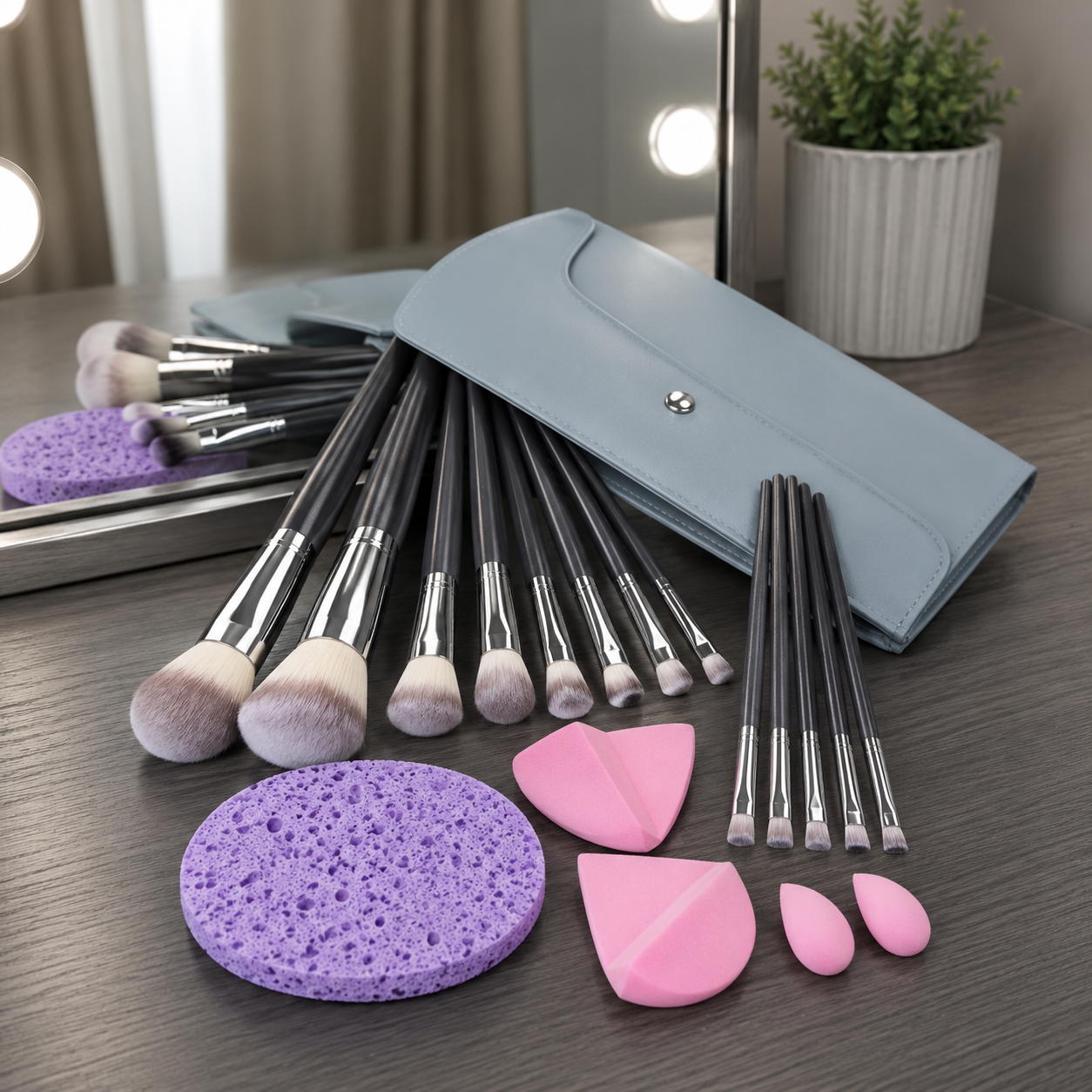Makeup Brush Set with Light Blue Storage Bag