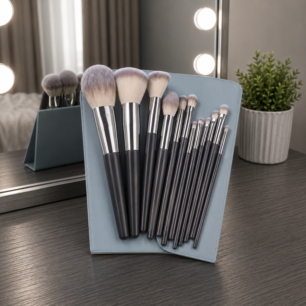 Makeup Brush Set with Light Blue Storage Bag