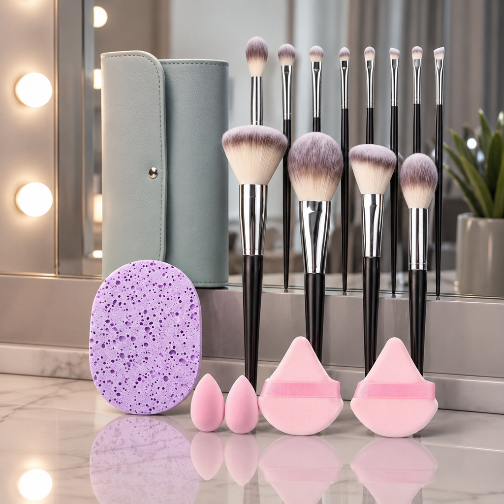 Makeup Brush Set with Light Blue Storage Bag